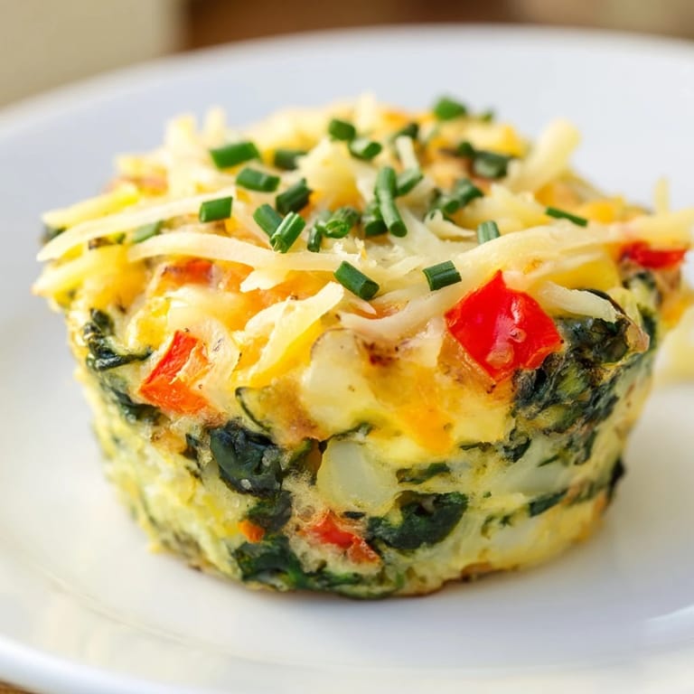 A close-up of baked Mini Crustless Quiches, showing fluffy egg filling dotted with spinach and cheese.