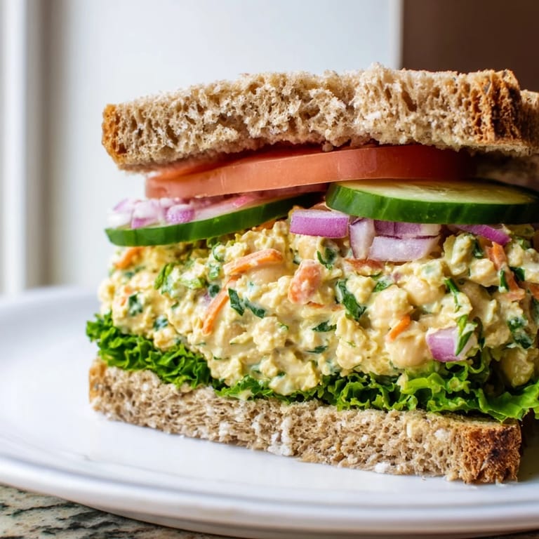 Brightly lit photo of an assembled Easy Chickpea Salad Sandwich ready to eat, perfect for a quick lunch.