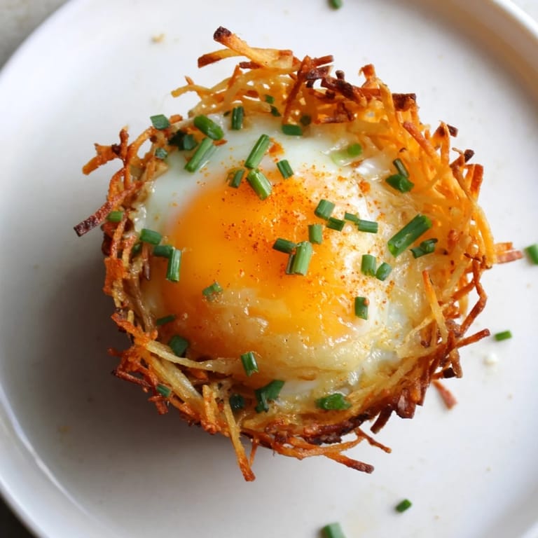 A close-up of delicious Crispy Hashbrown Egg Nests showing the golden potato crust and runny yolks.