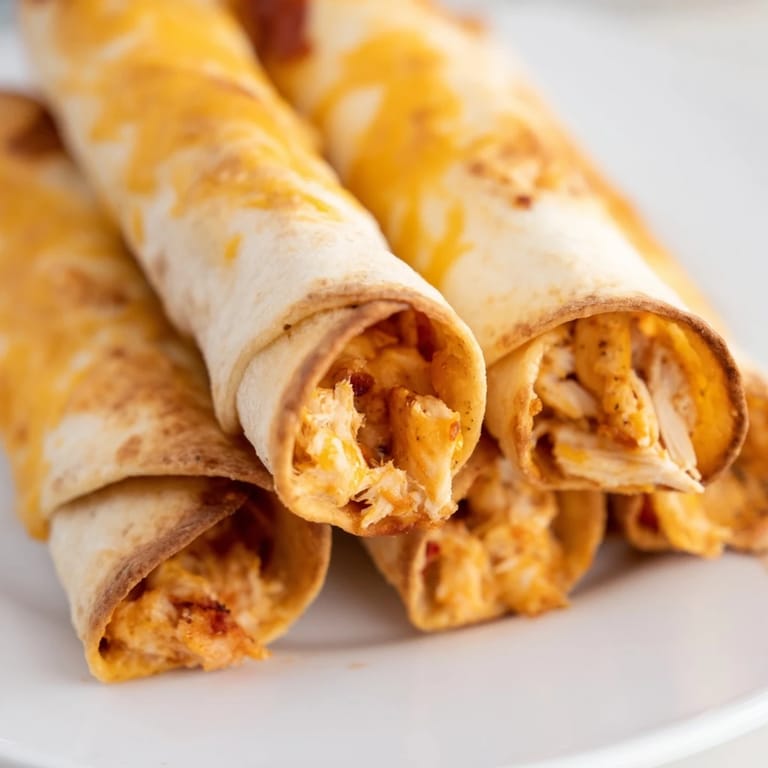 Delicious, golden-brown air fryer taquitos with melted cheese and tender chicken, perfect for dinner.