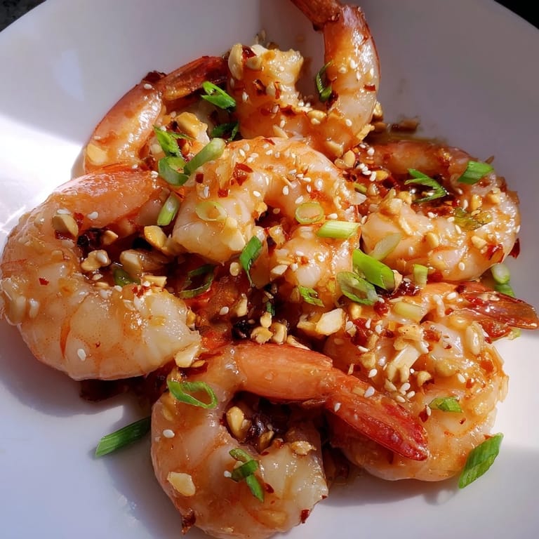 A close-up of sizzling Honey Garlic Shrimp, coated in a sweet, sticky glaze and ready to eat.