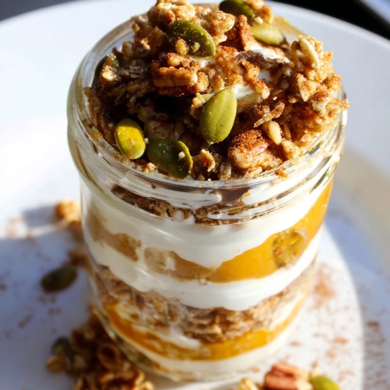 A close-up of a delightful Pumpkin Yogurt Parfait in a glass, ready for a fall snack.