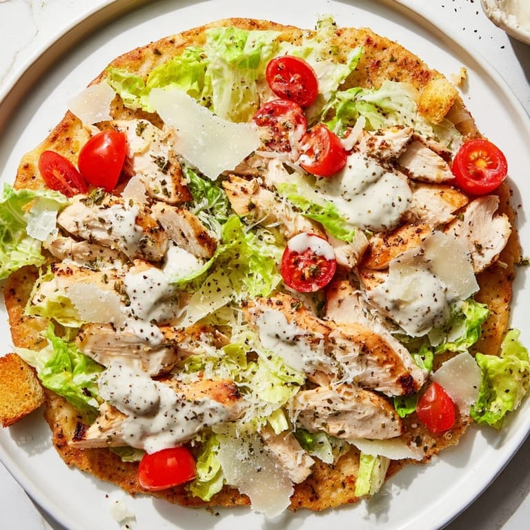 Sliced Chicken Caesar Flatbread, filled with toppings, making a satisfying and flavorful dinner.