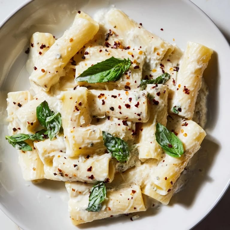 A close-up of creamy cottage cheese pasta, perfectly plated with a vibrant, creamy sauce.