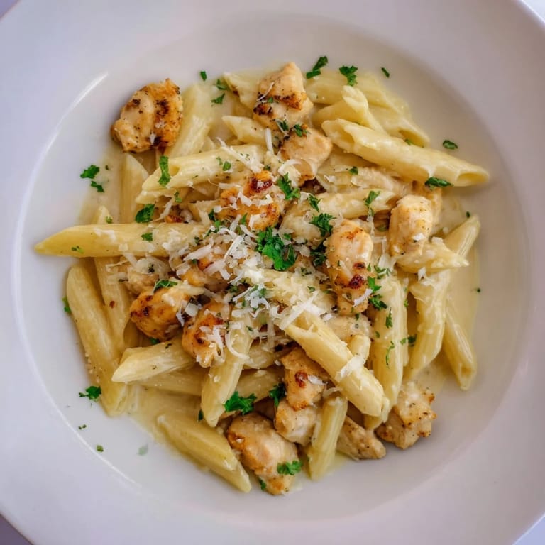 A close-up of quick Garlic Parmesan Chicken Pasta, showing golden chicken and perfectly cooked pasta.