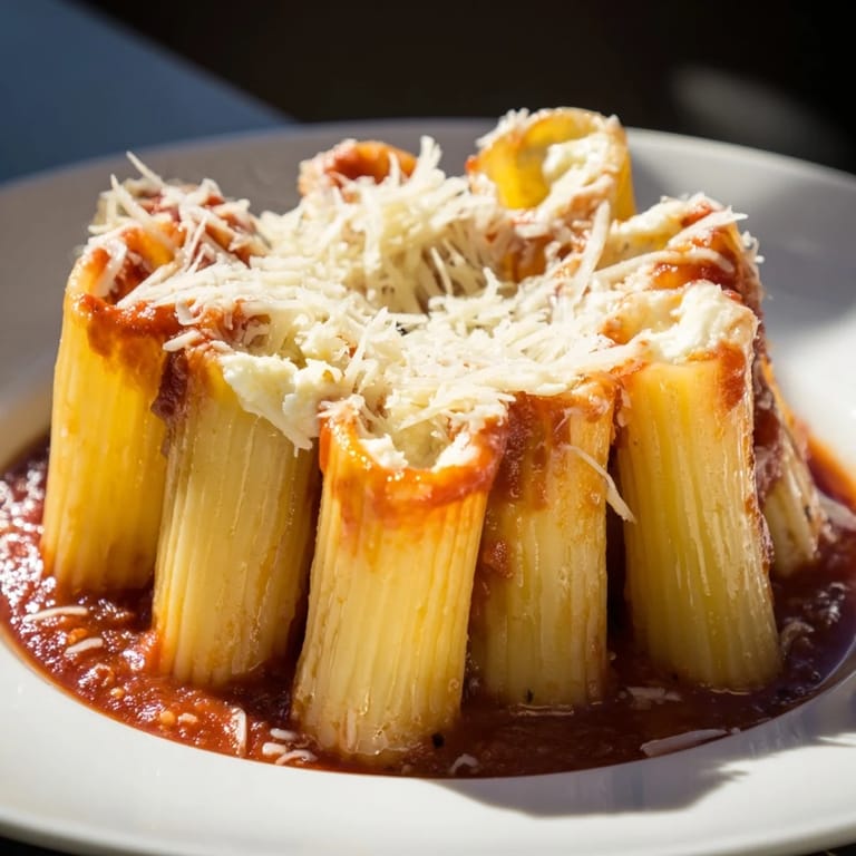 Upright rigatoni tubes in a Honeycomb Pasta Bake, baked under a rich, bubbling marinara and mozzarella blanket.