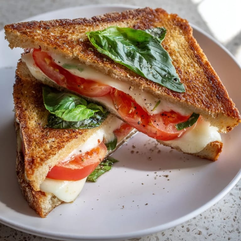 A close-up of a perfectly constructed tomato basil grilled cheese sandwich, ready and delicious.