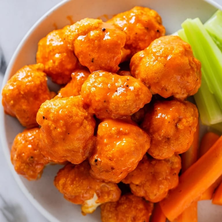 A platter of vibrant Buffalo Cauliflower Bites, air-fried to a perfect crisp, ready to enjoy.