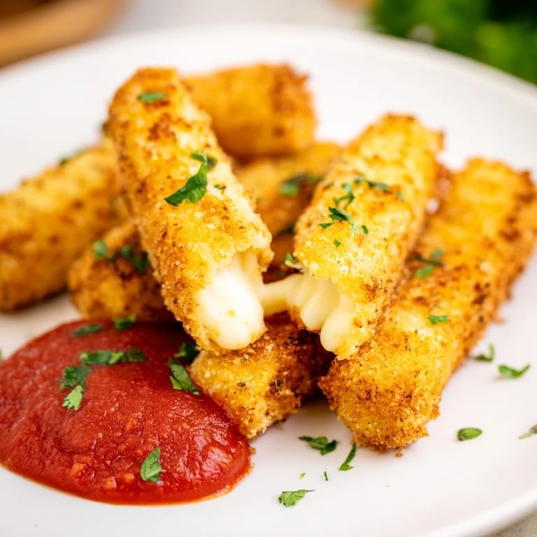 Crispy air fryer mozzarella sticks, a quick and easy vegetarian appetizer ready in minutes with melty cheese.