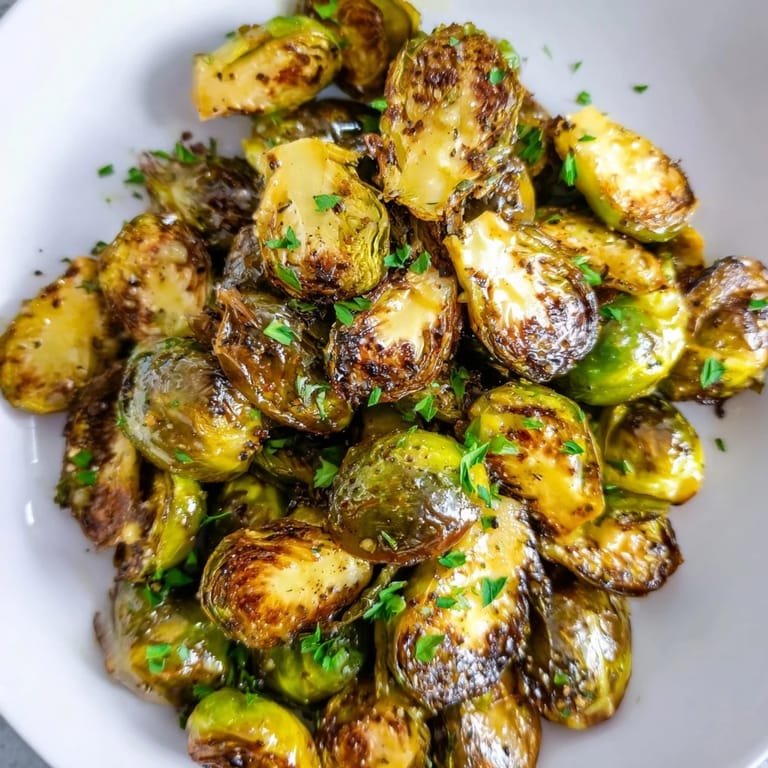Vibrant image shows Honey Mustard Glazed Brussels Sprouts with a sweet, tangy glaze, ready to serve with parsley.