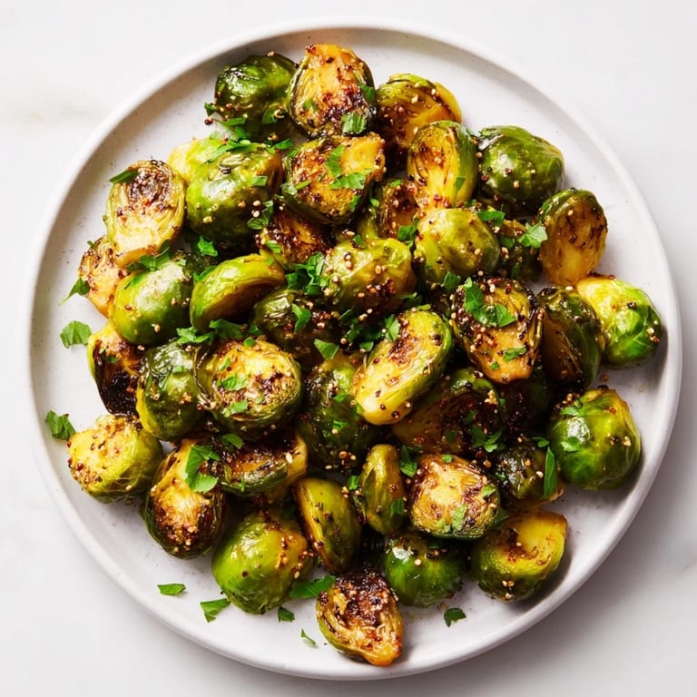 Close-up of crispy, roasted Honey Mustard Glazed Brussels Sprouts with an inviting honey-mustard coating.