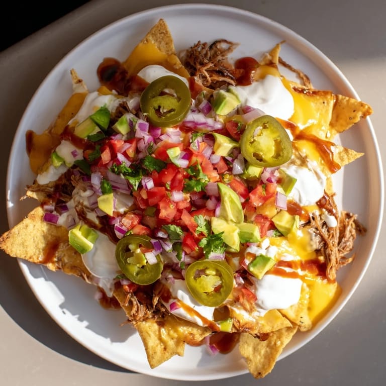These loaded nachos with pulled pork feature warm, savory pulled pork nestled within cheesy, crispy chips.