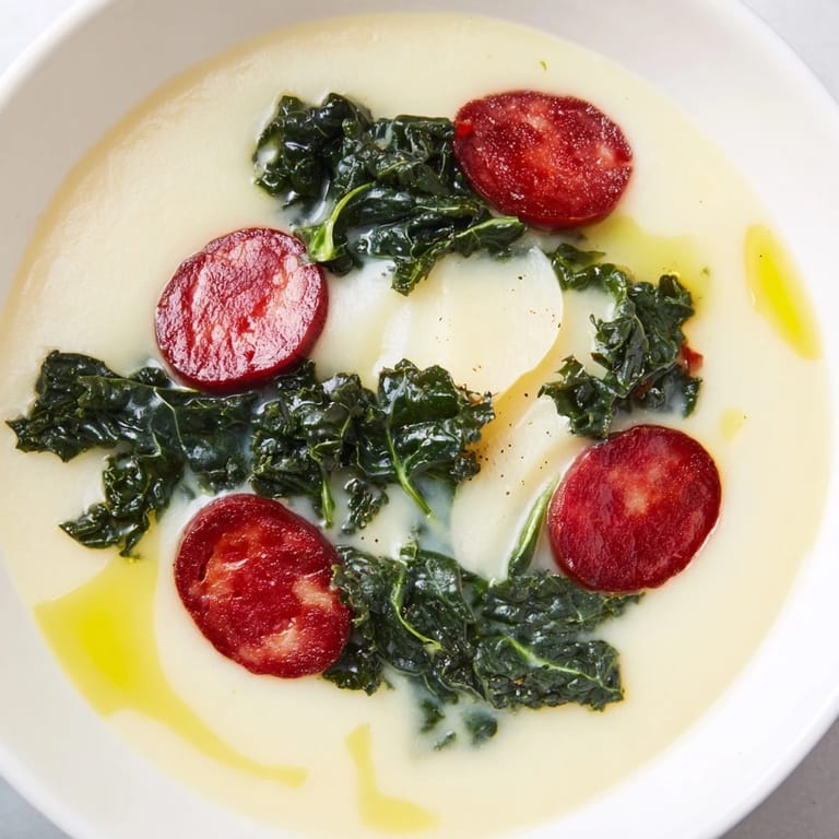 A close-up of creamy Portuguese Caldo Verde, ready to serve with flavorful chorizo and crusty bread.