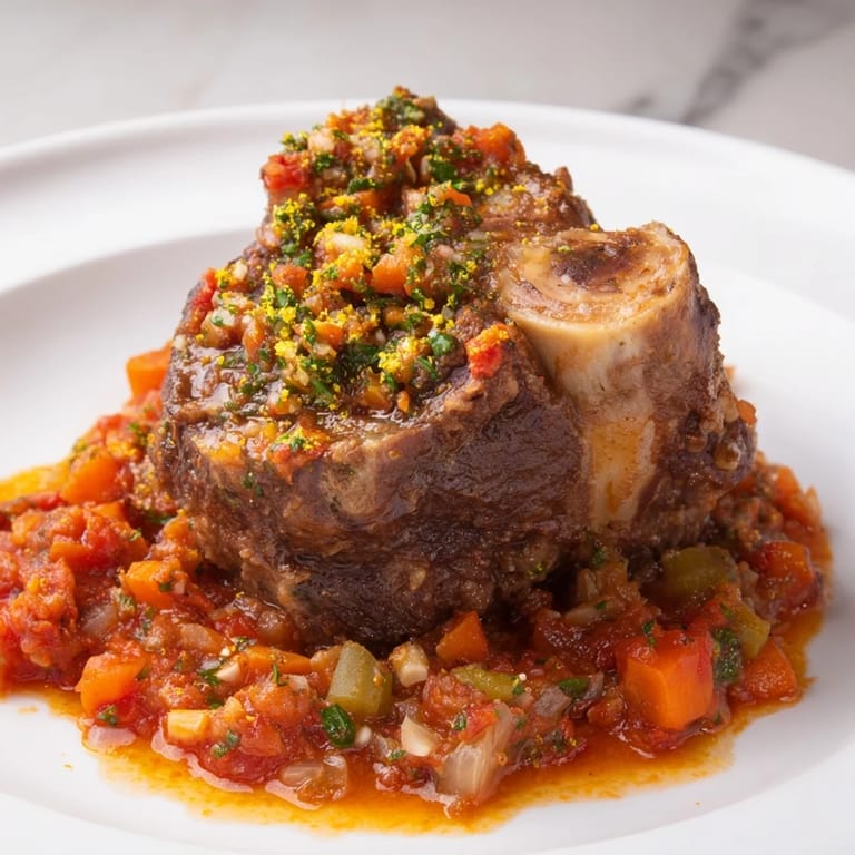 A close-up view of flavorful Osso Buco with meltingly soft veal and vibrant gremolata garnish.