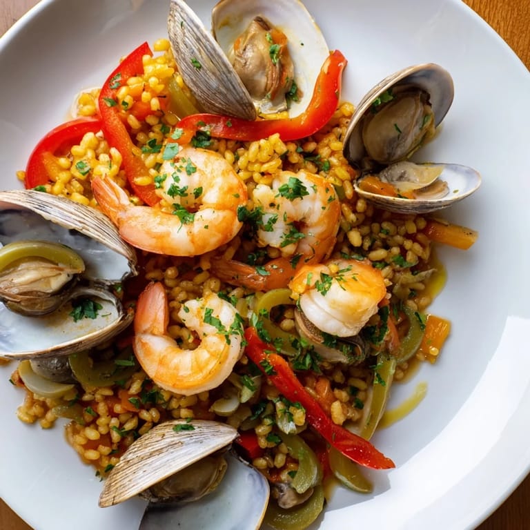 A close-up of a flavorful Spanish Seafood Paella, loaded with mussels and fresh parsley garnish.