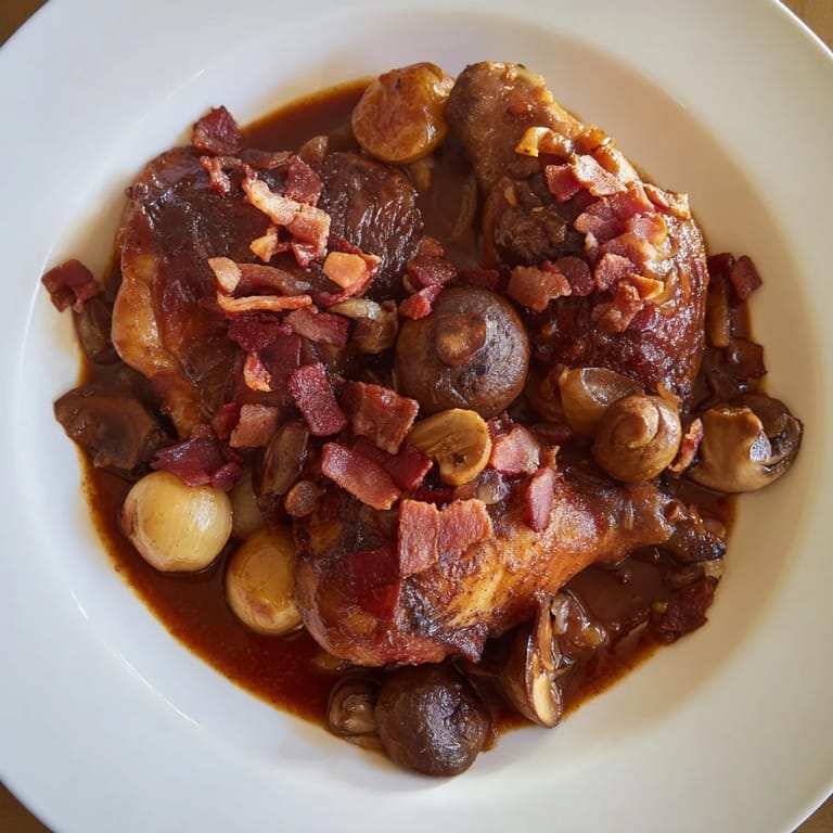 Steaming bowl of Coq au Vin, with succulent chicken pieces and pearl onions in a flavorful wine reduction.
