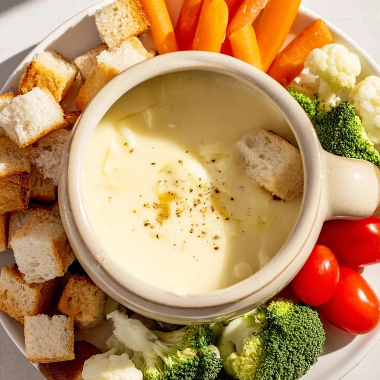 Creamy Swiss Cheese Fondue, rich melted cheese ready for dipping fresh vegetables and crusty bread.