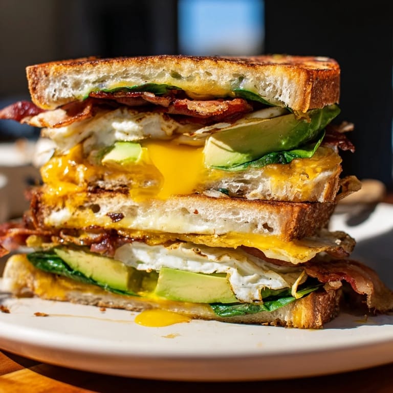 On a rustic wooden table, a Loaded Breakfast Sandwich with juicy bacon, melted cheese, and creamy avocado between two buttery toasted sourdough slices.  