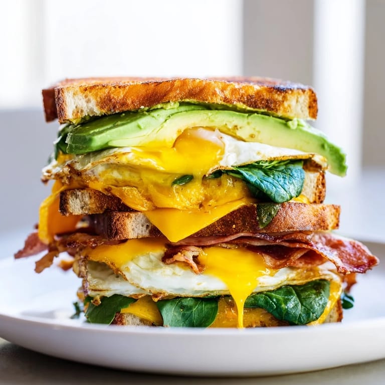 A hearty Loaded Breakfast Sandwich features layers of crispy bacon, a runny fried egg, melty cheese, and fresh avocado on toasted bread.