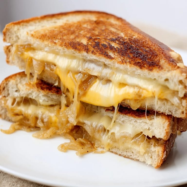 A close-up view shows a sandwich cut in half, revealing gooey cheese pulling apart and crunchy onion textures.