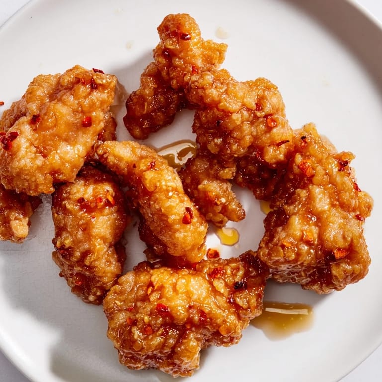 Tender fried chicken tossed in a warm, spicy honey butter glaze, ready to serve on a dinner plate.