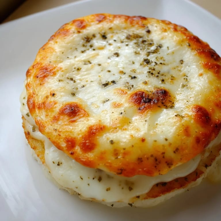 These golden Crispy Rice Cake Cheese Stacks are stacked high and topped with fresh parsley, served as a savory snack or side.