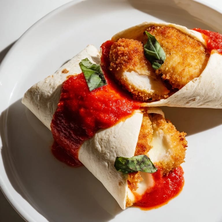 Close-up of a warm Crispy Chicken Parm Wrap, highlighting the crunchy breaded chicken and gooey cheese inside a soft flour tortilla.
