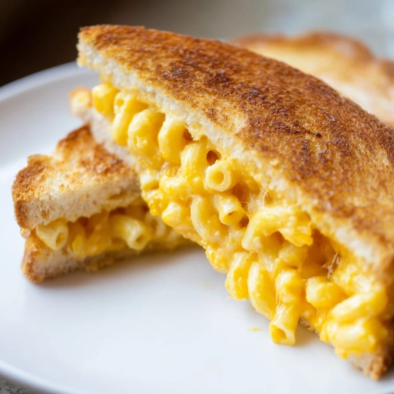 Mac and cheese grilled cheese, crispy bread layered with rich, velvety macaroni and sharp cheddar.