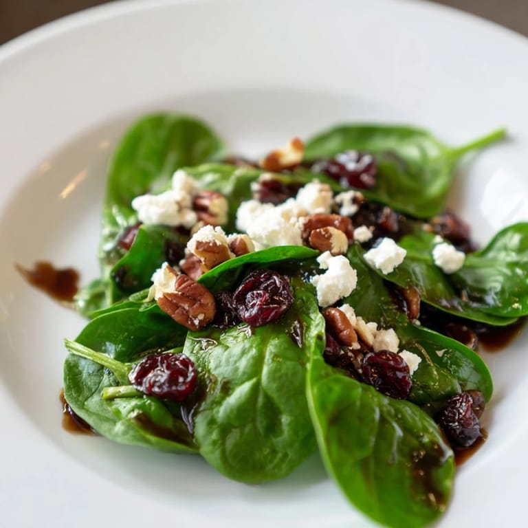 Close-up of Spinach Goat Cheese Salad highlighting crumbled goat cheese and glossy balsamic vinaigrette drizzled over bright green spinach leaves.
