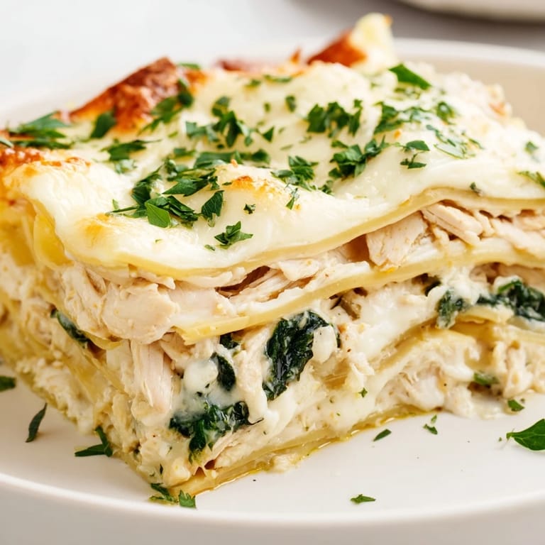 Freshly baked Chicken Alfredo Lasagna slice on a white plate, garnished with parsley and ready to serve.