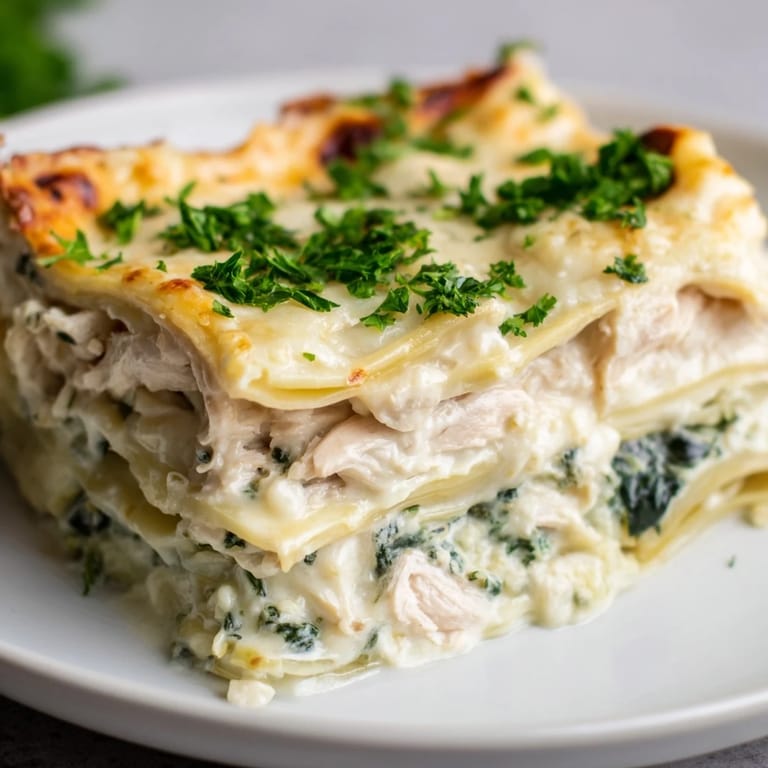 Steaming Chicken Alfredo Lasagna casserole straight from the oven, featuring golden mozzarella and rich Alfredo sauce.