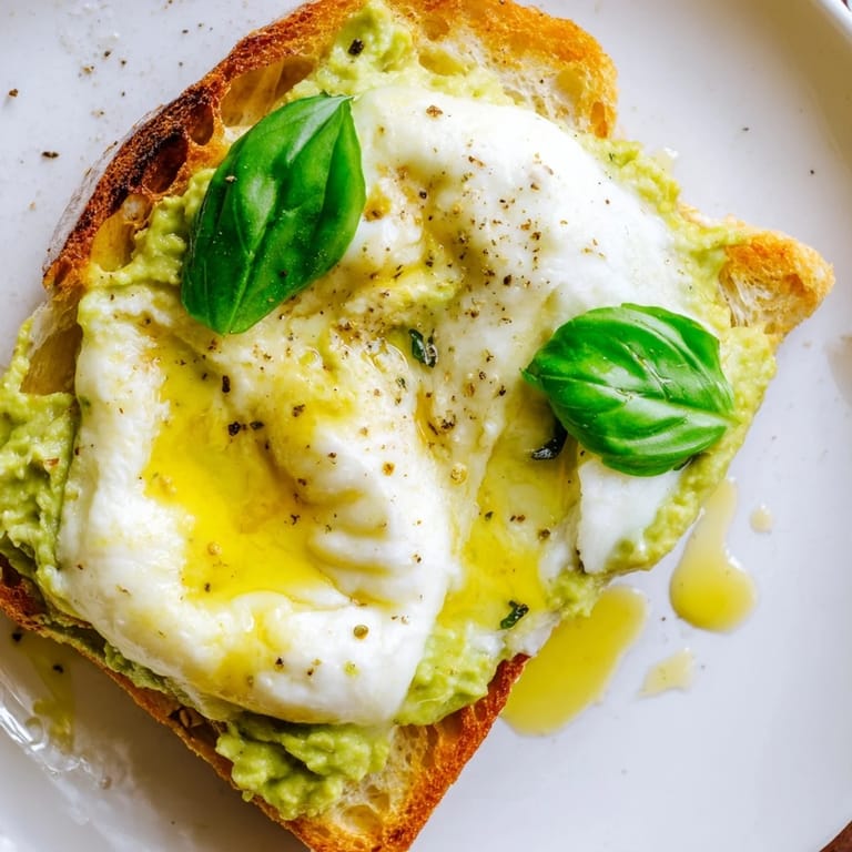 Fresh basil and a drizzle of olive oil garnish this vibrant avocado mozzarella tartine.  