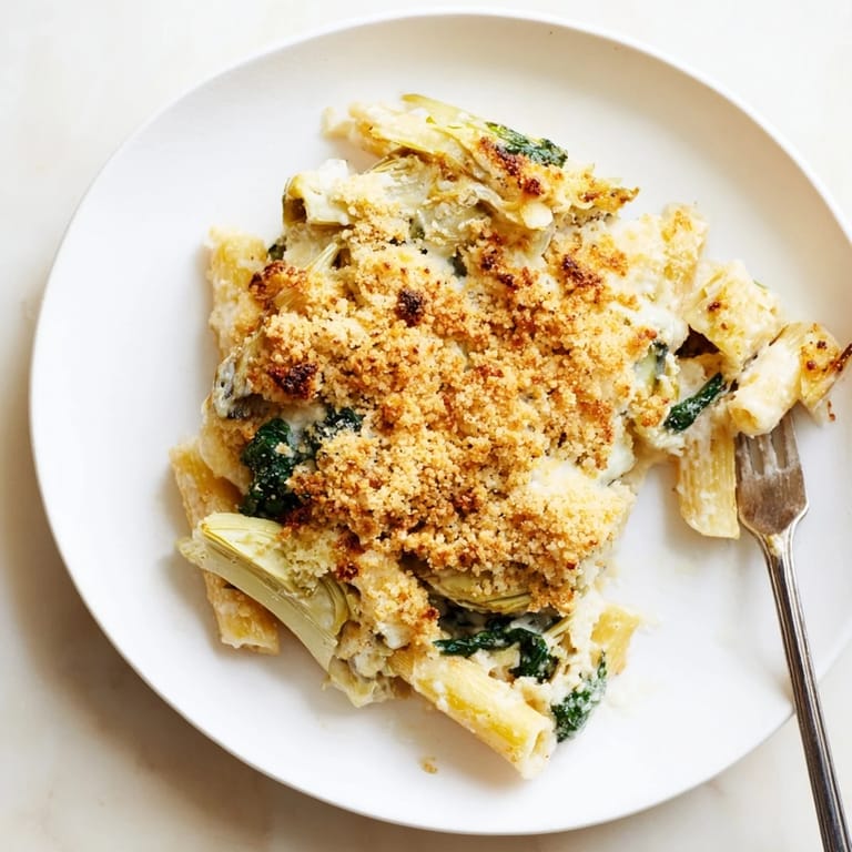 A white ceramic dish holds the creamy Artichoke Pasta Bake, showcasing tender pasta, vibrant spinach, and marinated artichoke hearts.