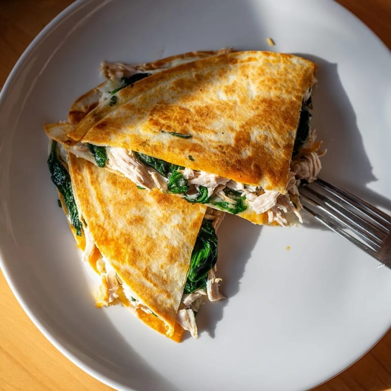 Sizzling Chicken and Spinach Quesadilla in a cast iron skillet, featuring juicy chicken, wilted greens, and bubbling mozzarella for a quick Mexican-American dinner.