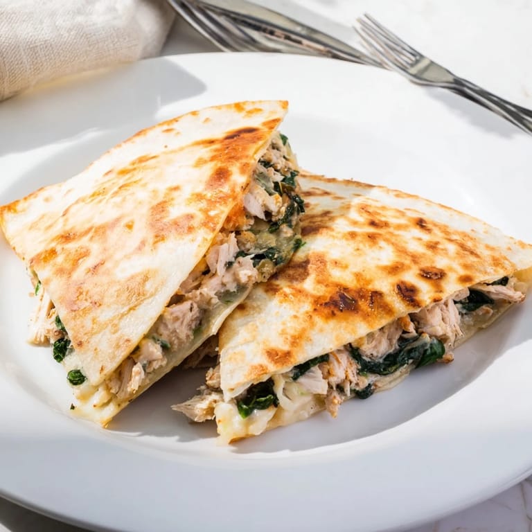 Close-up view of a sliced Chicken and Spinach Quesadilla, revealing a colorful filling of shredded chicken, fresh spinach, and gooey cheese beside a dollop of sour cream.