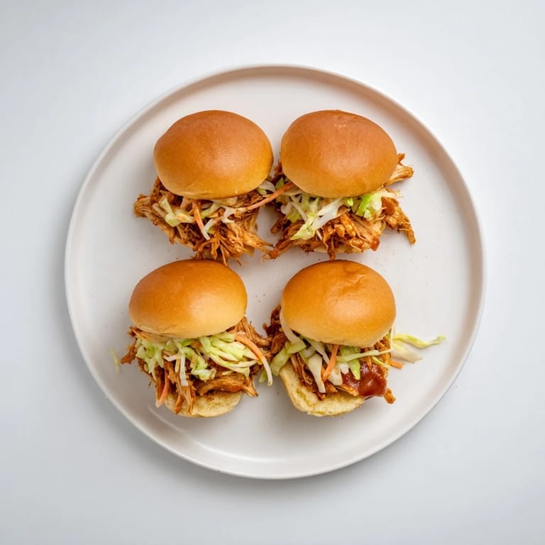 A party platter of mini BBQ chicken sliders topped with crunchy tangy slaw and glistening barbecue sauce.  