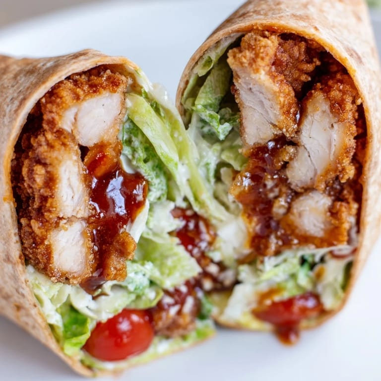 Fresh romaine lettuce, creamy dressing, and Parmesan cheese filling the handheld Hot Honey Chicken Caesar Wrap.  
