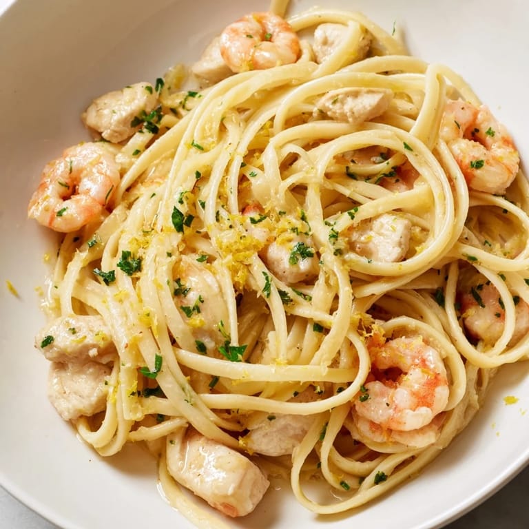 Close-up of Lemon Garlic Shrimp & Chicken Pasta with bright lemon zest and red pepper flakes over al dente noodles.