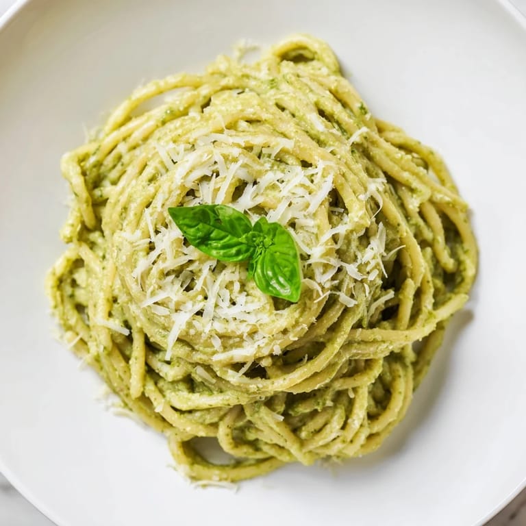A close-up view of Creamy Sunflower Seed Pesto Pasta featuring toasted seeds, melted Parmesan, and vibrant green herbs.