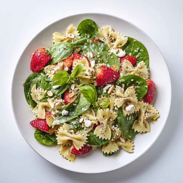 A close-up of Spring Spinach Strawberry Pasta Salad featuring toasted almonds, fresh basil, and a drizzled poppy seed dressing over tender bow-tie pasta.