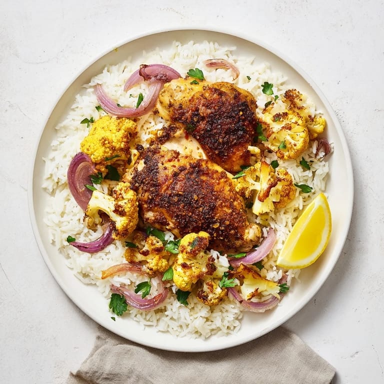 Tender cauliflower florets and juicy chicken thighs roasted on a single sheet pan, served over rice.