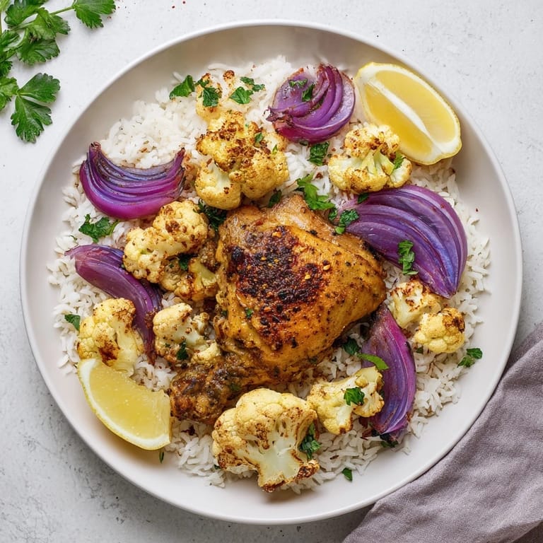 Succulent chicken and golden cauliflower roasted together on a sheet pan, garnished with herbs and lemon.