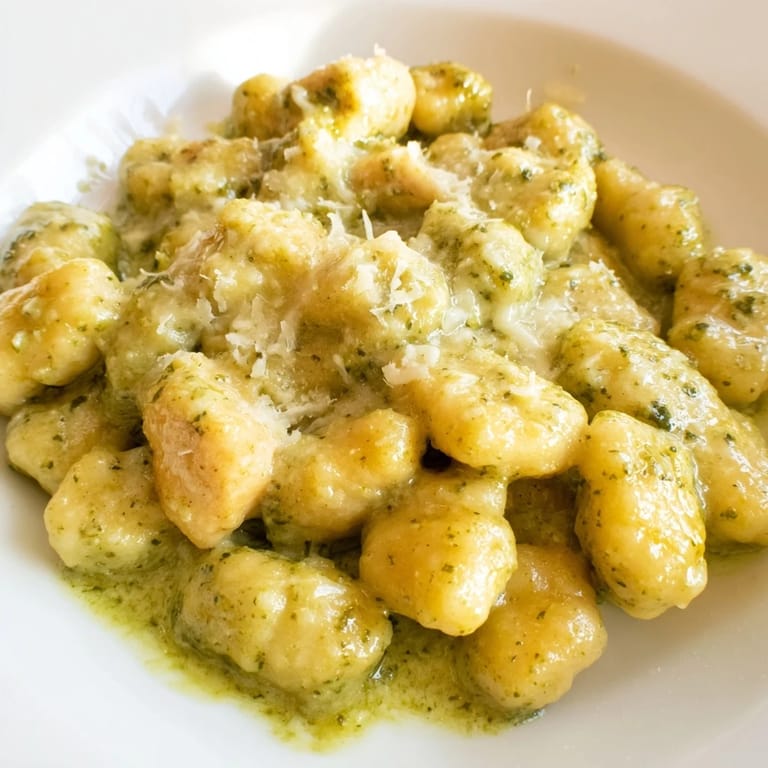 Forkful of creamy pesto gnocchi with juicy chicken, garnished with fresh basil and grated Parmesan for an easy weeknight main dish.  