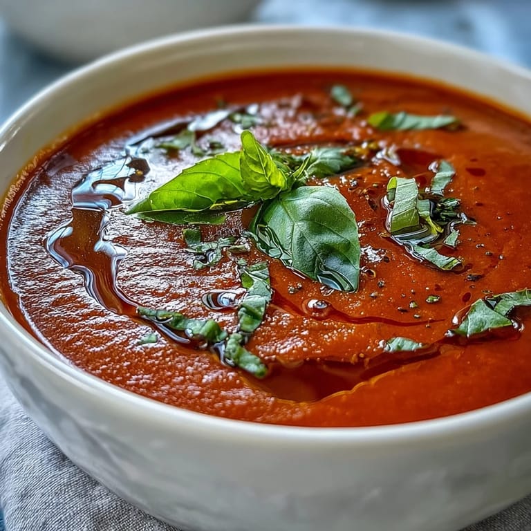 Silky smooth Tomato and Basil Soup simmering in a rustic pot with steam rising and fresh basil leaves.