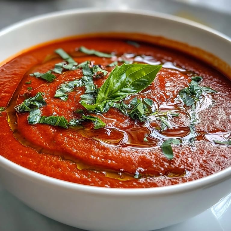 Vibrant red Tomato and Basil Soup in a white bowl, drizzled with olive oil and paired with grilled cheese.
