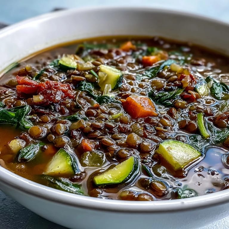 Close-up of hearty Lentil and Vegetable Soup featuring tender lentils, diced zucchini, and red bell pepper simmering in a spiced broth.