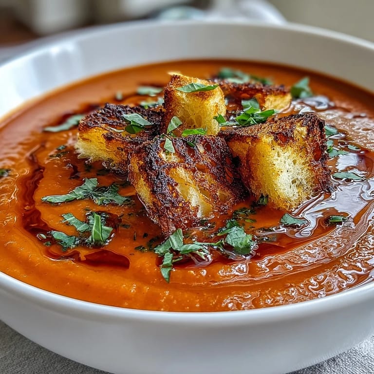 Creamy roasted tomato soup with golden croutons garnished with fresh thyme and basil.