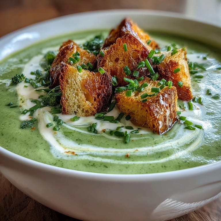 Vibrant green broccoli soup, garnished with a drizzle of cream, in a white ceramic bowl.