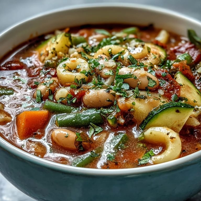 Overhead view of Minestrone Vegetable Soup garnished with fresh parsley and Parmesan, next to a slice of crusty bread.  