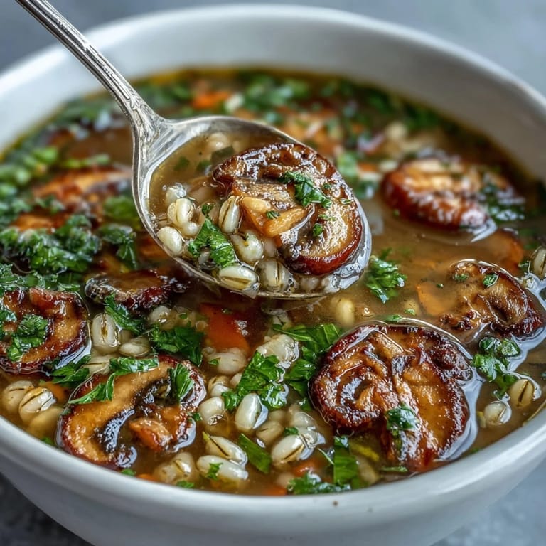 Thick, rustic Mushroom and Barley Soup in a ceramic bowl, garnished with fresh parsley and a hint of lemon, ready to enjoy.  